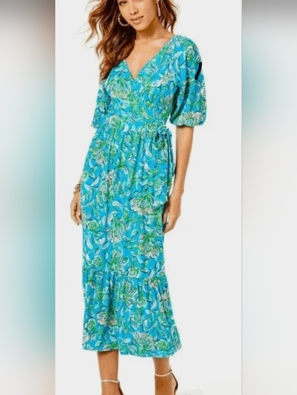 Lilly Pulitzer Brantley Turquoise Blue Green Pink Floral Midi Wrap Dress M $228
